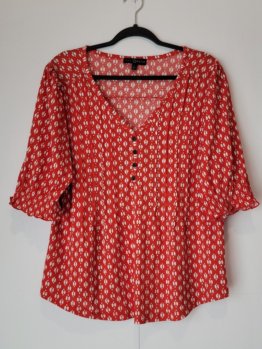 Fred David XL Red White Print Bell Sleeve Henley Blouse